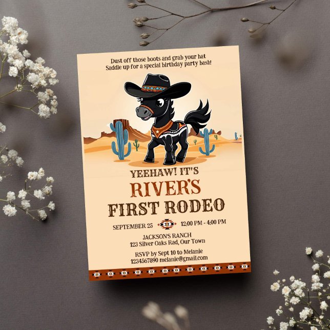 Invitation Premier Rodeo mignon cowboy cheval d'anniversaire (First rodeo cowboy western birthday party template invitation instant download cute black horse )