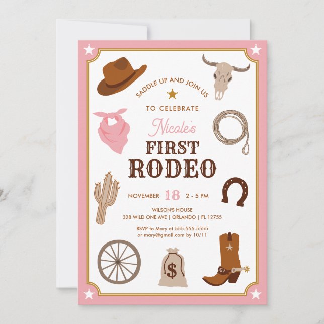 Invitation Premier Rodéo Vachère Rose Fille de l'Ouest Sauvag (Devant)