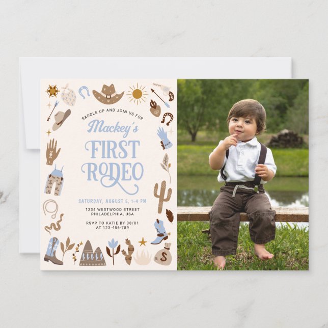 Invitation Premier Rodéo Wild West Cowboy Bleu Photo Annivers (Devant)