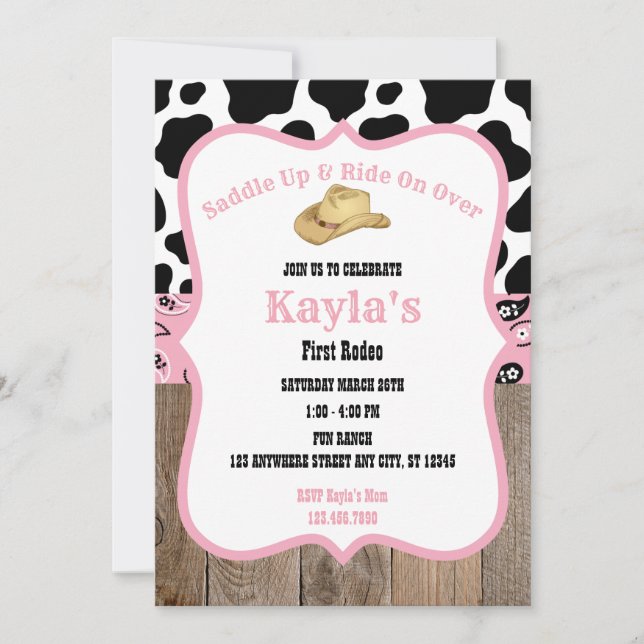 Invitation Premier Rodéo Wild West Cowgirl rose fille Anniver (Devant)