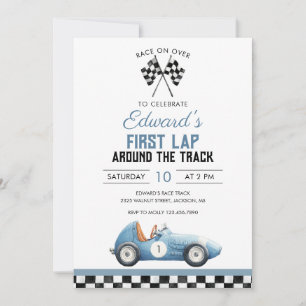 Invitation Premier Tour Voiture de Course Bleue 1er Anniversa
