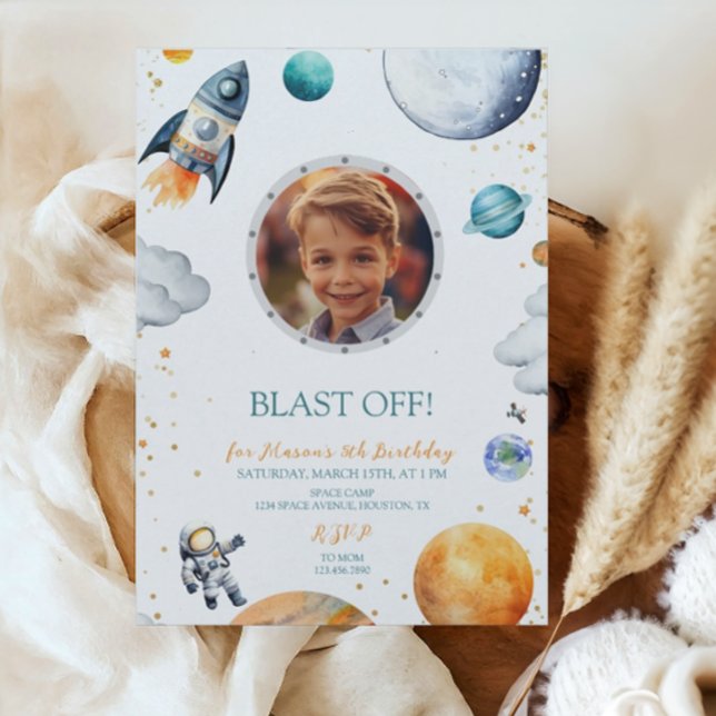 Invitation Premier voyage Astronaut Rocket Photo Anniversaire (Créateur téléchargé)