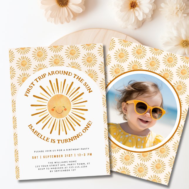 Invitation Premier Voyage Autour Du Soleil 1Er Anniversaire P (First Trip Around The Sun 1st Birthday Party Photo Invitation- Front & Back)