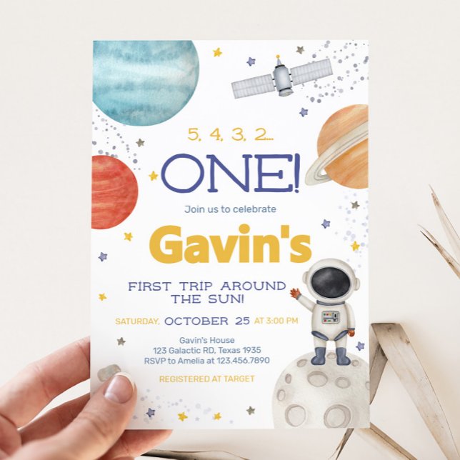 Invitation Premier voyage autour du soleil Anniversaire (Astronaut First Trip Around the Sun Birthday Party Invitation)