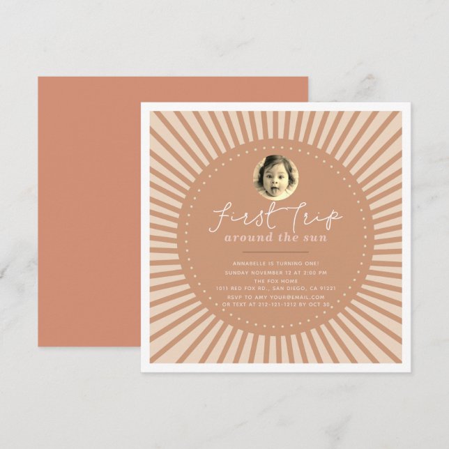 Invitation Premier Voyage Autour Du Soleil Boho Photo 1er Ann (Devant / Derrière)