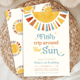 Invitation Premier voyage autour du Soleil Boho Retro 1er ann