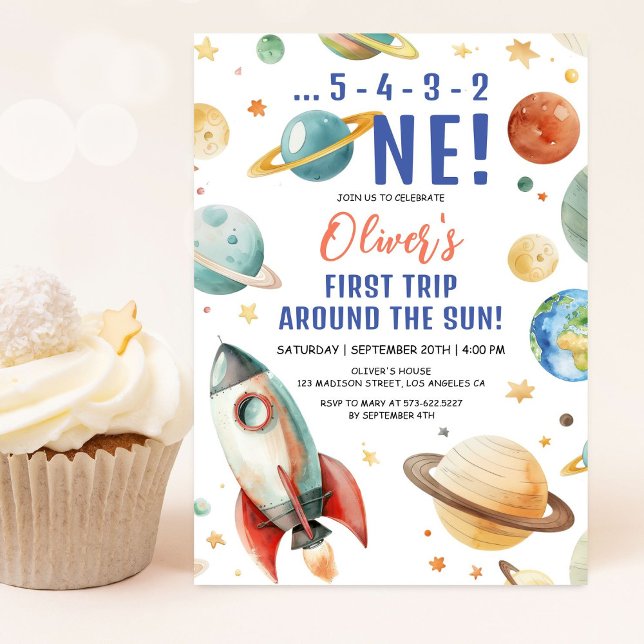 Invitation Premier voyage autour du Soleil Espace 1er anniver (Créateur téléchargé)