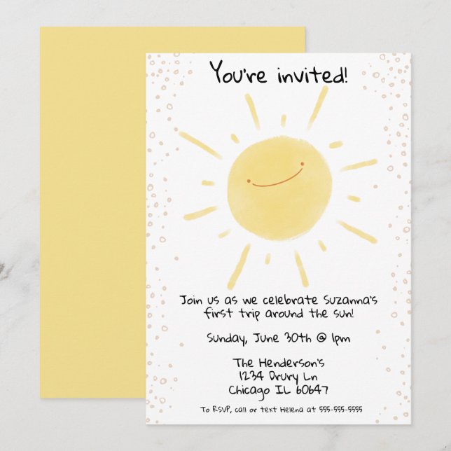 Invitation Premier voyage autour du soleil Joyeux anniversair (Devant / Derrière)