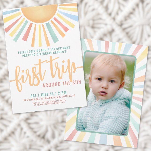 Invitation Premier Voyage Autour Du Soleil Photo 1er Annivers (First Trip Around The Sun Photo 1st Birthday Invitation)