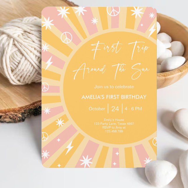 Invitation Premier voyage autour du Soleil Rainbow 1er annive (First Trip around the Sun Rainbow 1st Birthday Invitation)