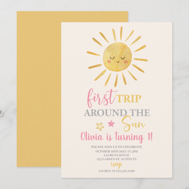 Invitation Premier Voyage Autour Du Sun Girl 1er Anniversaire (Devant / Derrière)