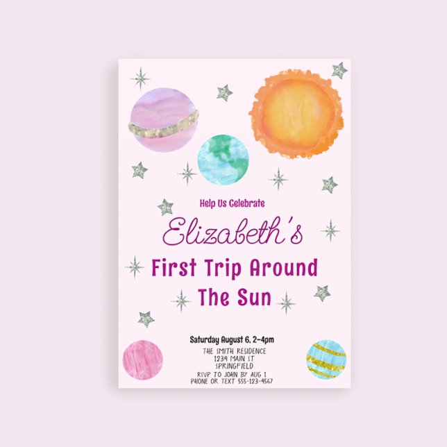 Invitation Premier Voyage Rose Autour Du Soleil Girl 1er Anni (Créateur téléchargé)