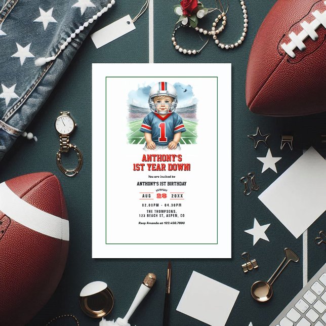 Invitation Première année de football bas 1er anniversaire fê (First Year Down Football 1st Birthday Party Invitation)