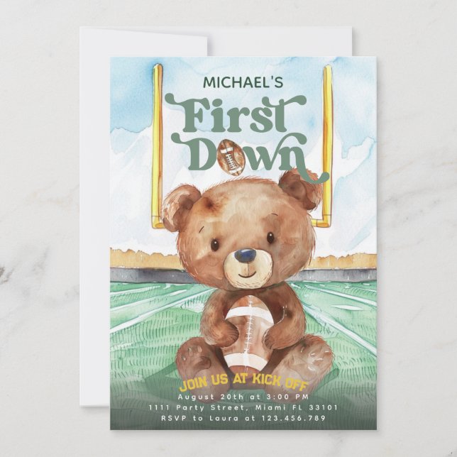 Invitation Première année Down Football Bear 1er Anniversaire (Devant)