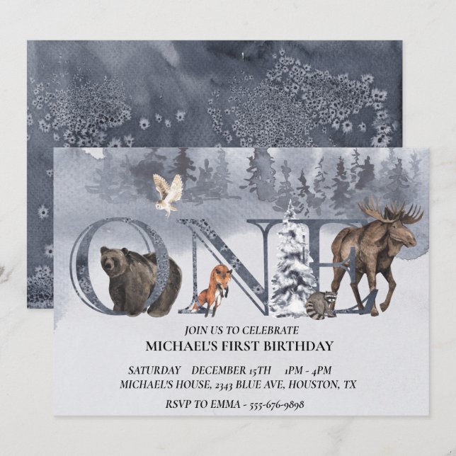 Invitation Première année Ours des bois Aquarelle d'hiver (Devant / Derrière)