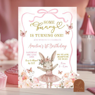 Invitation Première Anniversaire de Ballerine Lapin Rose