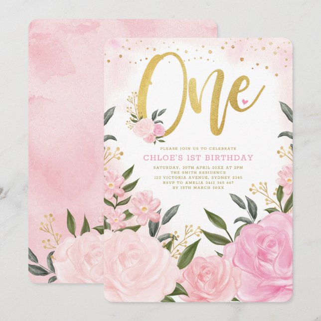 Invitation Première anniversaire de la fille des Roses en or  (Devant / Derrière)