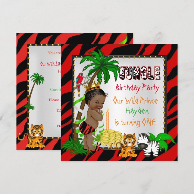 Invitation Première Anniversaire Jungle Safari Wild Prince Et (Devant / Derrière)