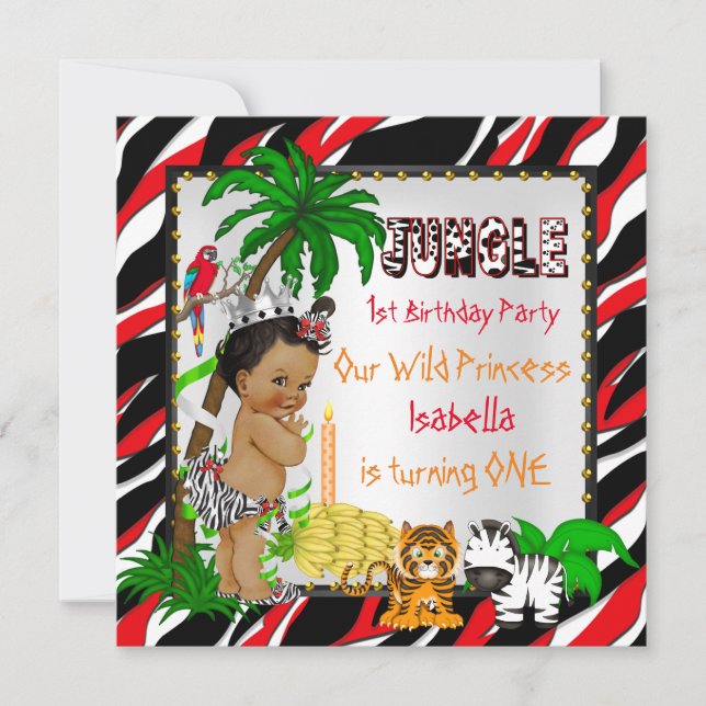 Invitation Première Anniversaire Jungle Safari Wild Princess  (Devant)