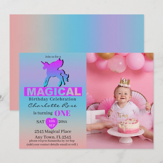 Invitation Première Anniversaire Magique Unicorne Rose Bleu (Devant / Derrière)