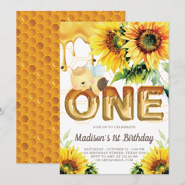 Invitation Première Anniversaire Miel Abeille Anniversaire To (Devant / Derrière)