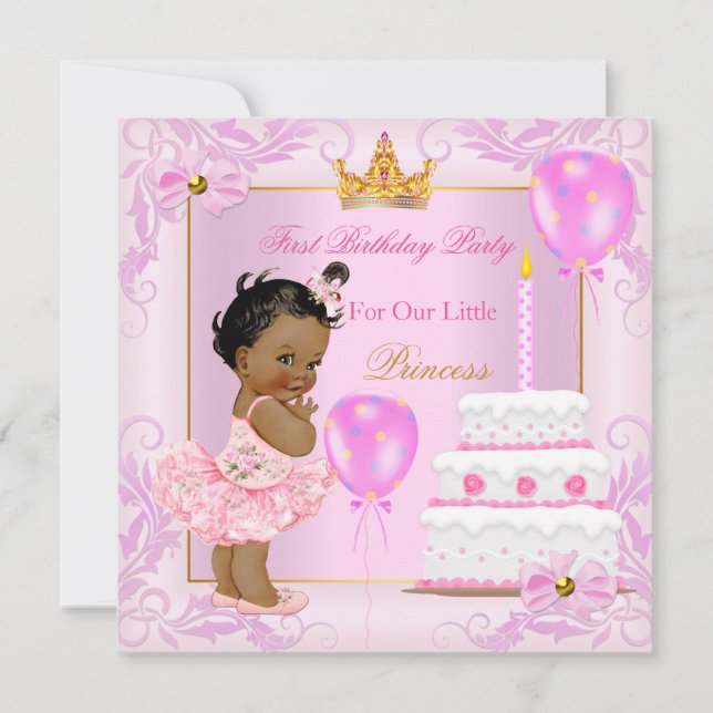 Invitation Première Anniversaire Princesse Tiara Fille Rose E (Devant)