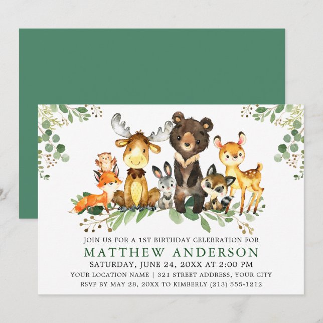 Invitation Première aquarelle d'anniversaire Animaux des bois (Devant / Derrière)