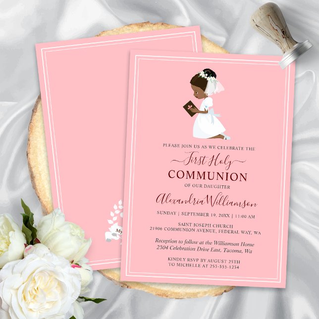 Invitation Première Communion Africaine Américaine Fille Rose (First Communion African American Girl Pink Invitation)