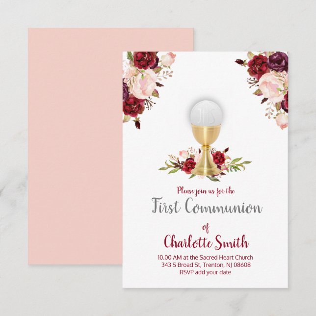 Invitation première communion aquarelle décoration fleurs (Devant / Derrière)