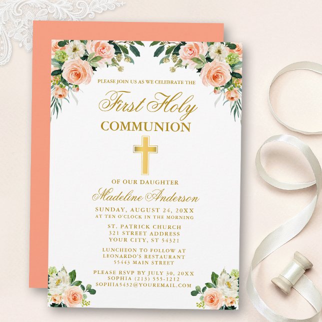 Invitation Première Communion Aquarelle Or Pêche Floral Blanc (Customize to change text color, style, add text & photos to back or change color of back of card.)