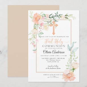 Invitation Première communion  Aquarelle Pastel Fleur de prin