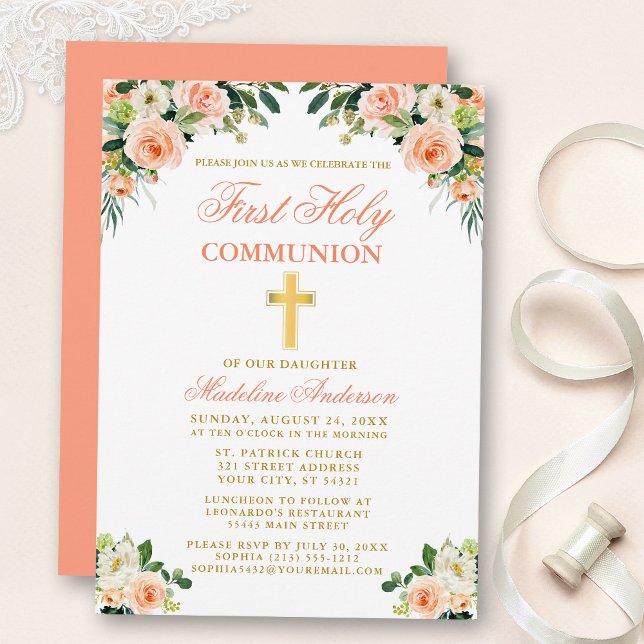 Invitation Première Communion Aquarelle Peach Blanc Floral Or (Customize to change text color, style, add text & photos to back or change color of back of card.)