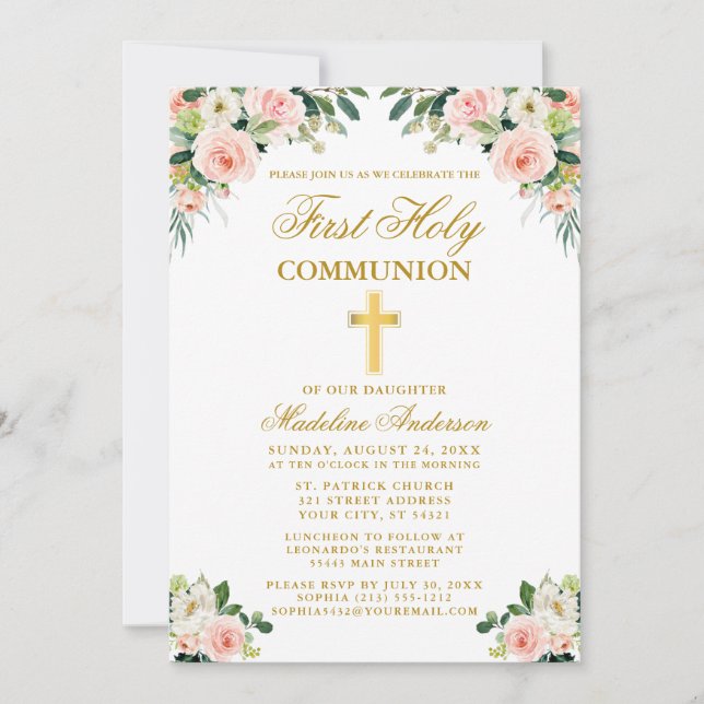 Invitation Première Communion Aquarelle rose Blanc Floral Or (Devant)