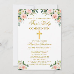 Invitation Première Communion Aquarelle rose Blanc Floral Or
