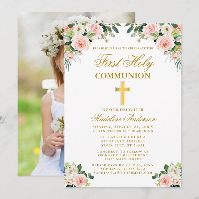 Invitation Première Communion aquarelle rose blanc photo flor (Devant / Derrière)
