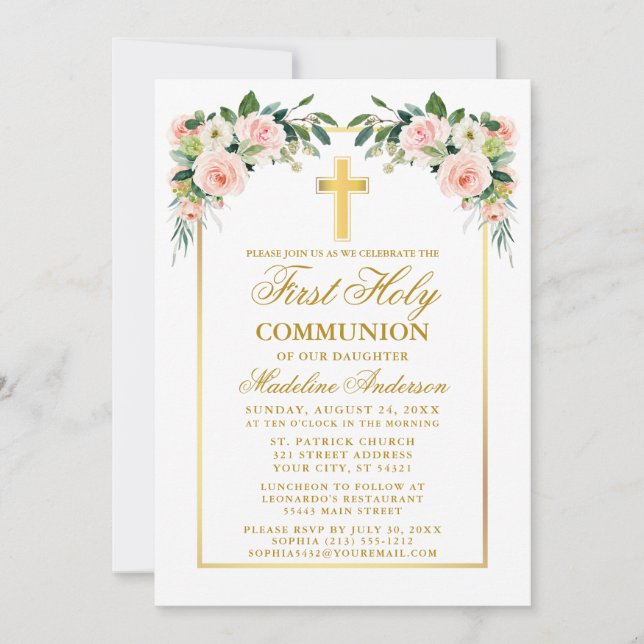 Invitation Première Communion Aquarelle Rose Blush Or Floral (Devant)