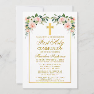 Invitation Première Communion Aquarelle Rose Blush Or Floral