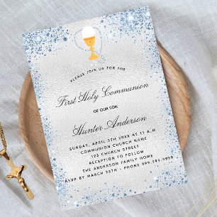 Invitation Première communion argent bleu garçon luxe