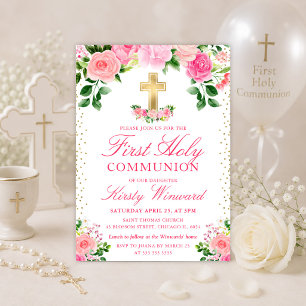Invitation Première communion aux fleurs roses aquarelle