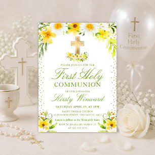 Invitation Première communion avec des marguerites jaunes et
