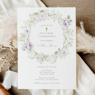 Invitation Première communion Baby's Breath et roses violette
