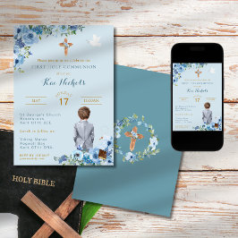 Invitation Première Communion Baptême Garçon Dusky Slate Bleu