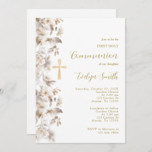 Invitation Première communion beige florale
