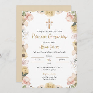 Invitation Première communion beige florale