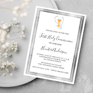 Invitation Première communion blanc chalice argent hôte