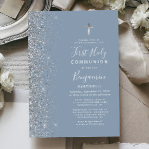 Invitation Première communion Bleu poussiéreux avec lisière p