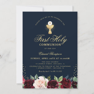 Invitation première communion bordeaux bleu floral