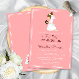 Invitation Première communion Brunette Girl Pink