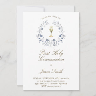 Invitation première communion catholique chalice élégant bleu