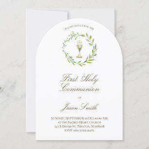 Invitation première communion catholique chalice verte couron
